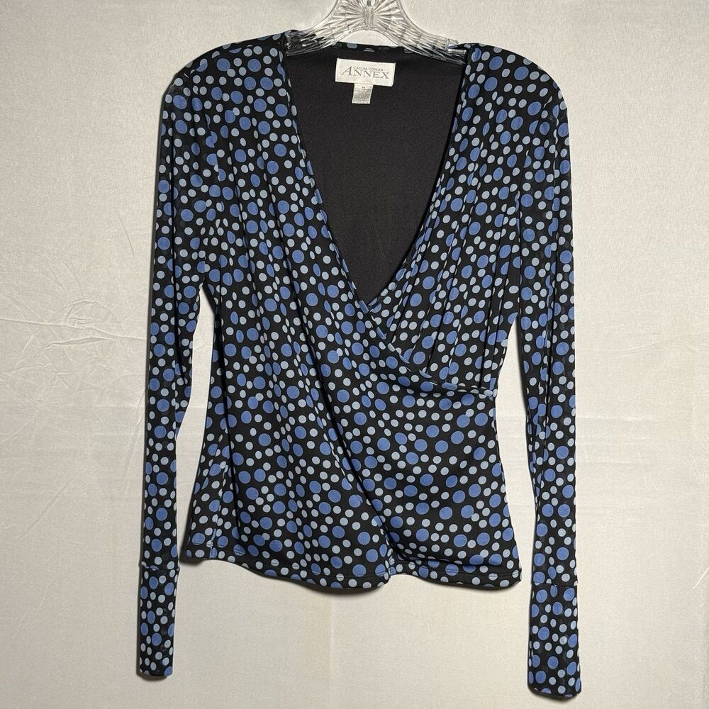 Casual Corner Annex Top M Blue Black Polka Dot Faux Wrap V Neck Y2K Blouse